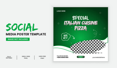 Food menu and delicious pizza social media banner template