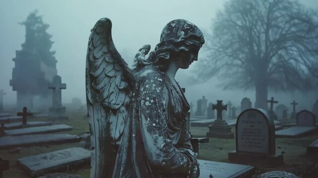 Stone statue in a cemetery surrounded. Sad grieving angel in graveyard with old destroyed crosses and tombstones. Death ceremony and memorial service. Funeral, loss, and sorrow concept