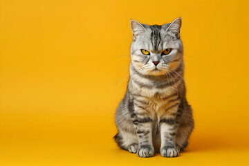 Obraz premium A curious tabby cat sitting against a bright yellow background, showcasing its distinct stripes and expressive eyes.