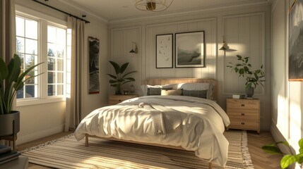 A photorealistic master rustic cosy bedroom with wall frames
