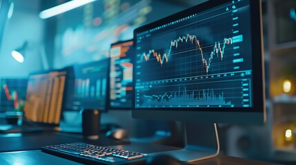 Naklejka premium A modern workspace featuring multiple screens displaying financial graphs and data analysis trends for stock market insights.
