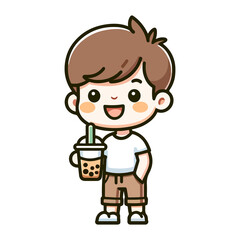 cute boy drinking boba icon character