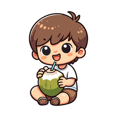 cute boy drinking coconut icon character