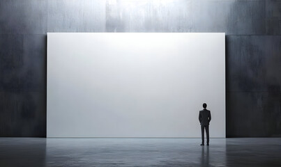 Obraz premium A lone figure stands before a large blank canvas in a dimly lit space, symbolizing potential and creativity.