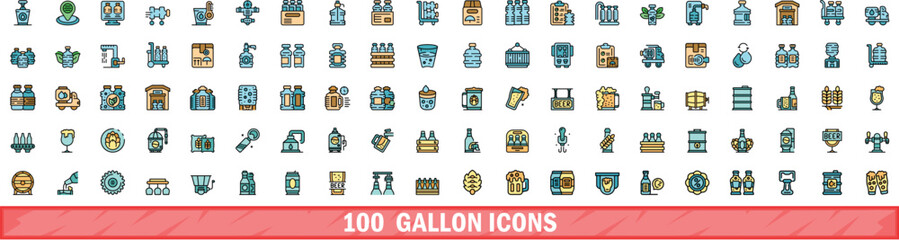 100 gallon icons set. Color line set of gallon vector icons thin line color flat on white