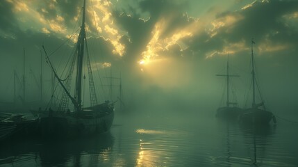 Fototapeta premium Golden Sunlight Breaking Through Clouds Over Foggy Harbor at Dawn
