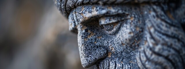  A tight shot of an elephant statue's wrinkled face exhibiting a hazy appearance