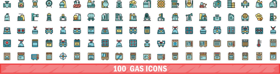 100 gas icons set. Color line set of gas vector icons thin line color flat on white