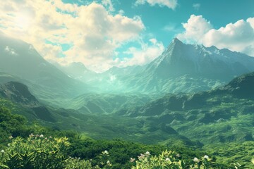 Fototapeta premium In a lush green, a magnificent mountain range stands in the distance, guarding the land like a giant, skylight exposure, 2d illustration, FHD, HDR with generative ai