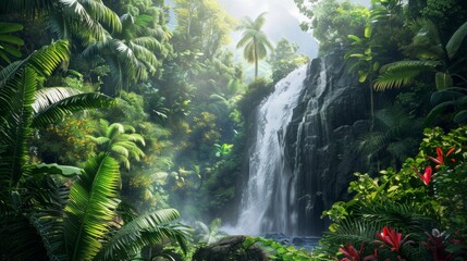 Fototapeta premium waterfall falling over a LAKE SURROUNDED BY FOREST