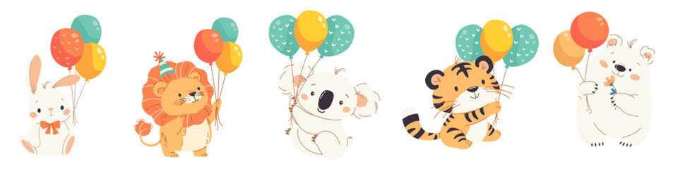 Vector set illustration for birthday. Cute animals panda, polar bear, lion, cat, tiger and panda with balloons and confetti on white background . Vector illustration