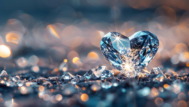 A sparkling heart-shaped diamond surrounded by shimmering crystals, perfect for romantic and luxury-themed projects.