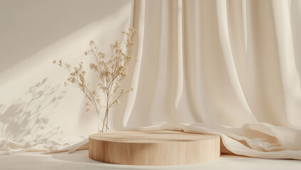 Podium 3D product cosmetic silk display background gold luxury fabric. Abstract product podium 3D stage cloth beige platform beauty studio mockup design