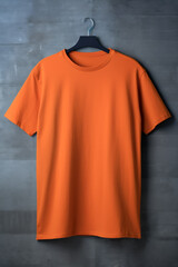 Orange Shirt Mockup on Concrete Wall Background: Blank Vibrant Orange T-Shirt Mockup Unisex on Hanger for Branding, Fashion Design, and Product Display