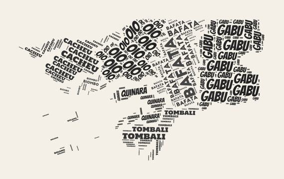 Guinea-Bissau Word Cloud. Country with regions division. Guinea-Bissau typographic text clouds vector image design. Vintage gazette style country shape image. Stylish vector illustration.