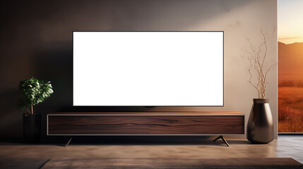 Living room Television mockup. A modern living room setup featuring a large flat-screen TV mockup on a stylish wooden console. 