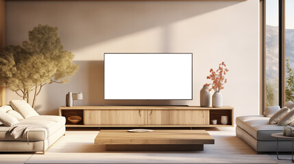 Living room TV mockup. A modern living room featuring a large blank TV screen mockup on a wooden console. The space is bright with natural light.