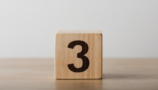 Wooden cube with number 3 three on wooden table with white wall on background. Close-up.