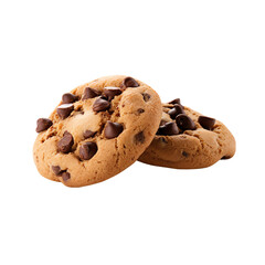 Two delicious chocolate chip cookies isolated on a white background, perfect for bakery, dessert, or snack themed projects.