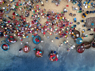 Aerial view of Tam Tien beach and fish market, Tam Ky, Quang Nam, Vietnam in the morning. Near Hoi...