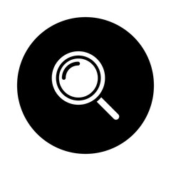 Magnifying glass vector icon, white color design with black circle background.