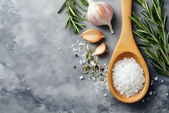 Sea salt in a wooden spoon, fresh rosemary and garlic on a gray marble background. View from above.