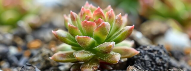  A tight shot of a tiny plant sprouting from a fissure in a rock, with multiple cracks visible in the background