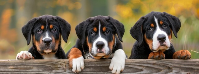  Three dogs gaze over a wooden fence, paws resting atop and bottom