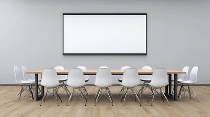 Projector screen displaying a blank presentation slide, empty conference room with chairs, copy space on screen