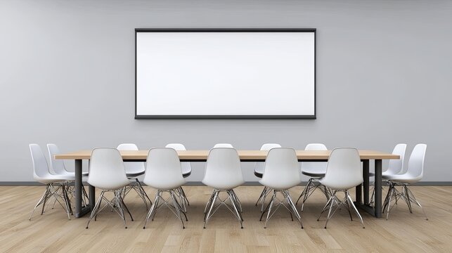 Projector screen displaying a blank presentation slide, empty conference room with chairs, copy space on screen