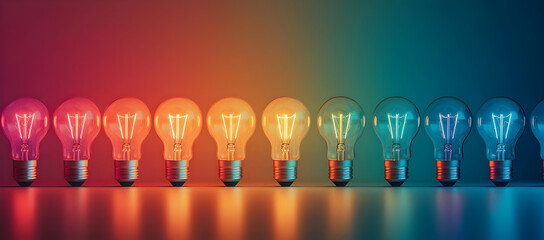 Fototapeta premium A vibrant array of light bulbs in colorful illumination, showcasing creativity, innovation, and energy in a modern setting.