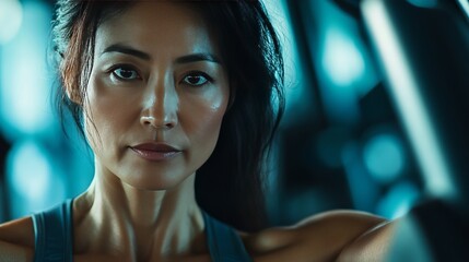 Focused Asian woman in a gym, showcasing strength and determination during a workout session.