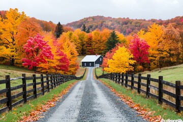 Obraz premium Autumn foliage in a rustic countryside, vibrant colors, peaceful scenery, natures beauty