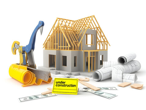 A vibrant construction scene showcasing a house in progress with tools, blueprints, and a sign indicating ongoing work.