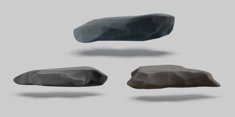 3D grey brown stone podium floating in the air, granite stand vector set, realistic marble rock boulder pedestal, shadow