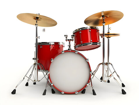 A vibrant red drum set featuring a bass drum, snare drum, and cymbals, perfect for music and performance themes.