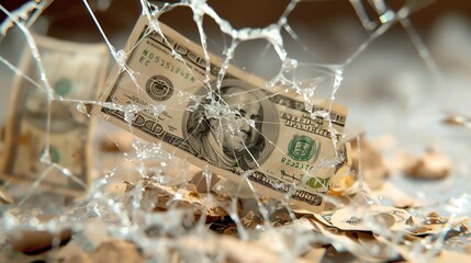 A broken glass fragment reveals a crumpled dollar bill, showcasing an unexpected contrast between fragility and currency.