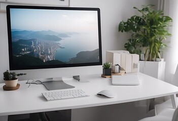 Obraz premium decoration decorative computer office Blank interior home white living style desk wooden space montage desktop display mock chair sofa black screen background wood architecture concept room desig