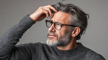Obraz premium Thoughtful Caucasian man in his 40s wearing glasses, lightly touching his forehead with a pensive expression against a neutral background.