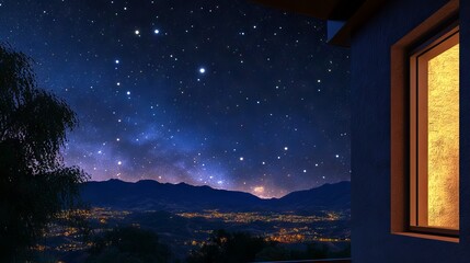 Fototapeta premium A serene night view from a cozy home, showcasing a starry sky and the shimmering city lights below.