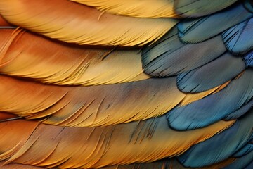 Obraz premium Close up colorful photo of bird, chicken feathers. Shimmer colors of wing. Abstract colorful feathers background