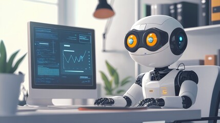 A friendly robot with vibrant orange eyes sits at a modern desk, analyzing data on a computer screen in a sleek, contemporary office.
