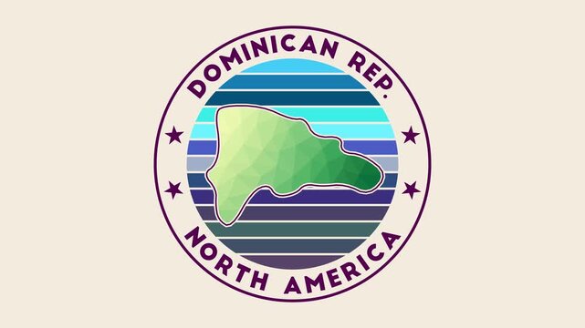 Dominicana intro video. Badge with the circular name and map of the country in low poly tech geometric style. Amazing country round logo animation.