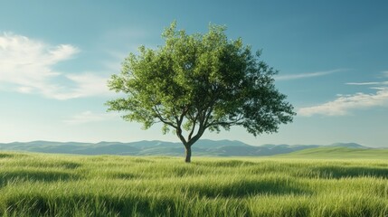 Obraz premium A solitary green tree stands tall in an expansive grassy field under a blue sky.