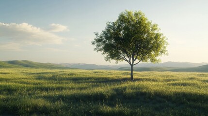 Obraz premium A solitary tree stands in a serene grassy landscape bathed in soft sunlight, creating a peaceful and calming atmosphere.