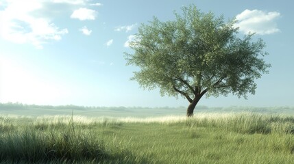 Obraz premium A solitary oak tree stands majestically in a serene green landscape under a bright blue sky.