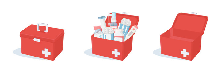 Set of red  first AID boxes. Cartoon vector illustrations