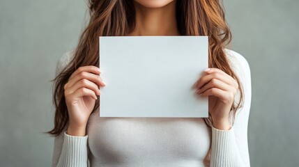 Naklejka premium A young woman with long brown hair holding a blank white paper sheet against a neutral background.