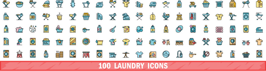 100 laundry icons set. Color line set of laundry vector icons thin line color flat on white