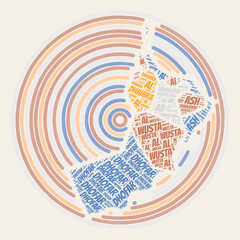Oman Round Poster. Typography style image of Country. Regions word clouds of Oman. Vintage image design with scratch texture.